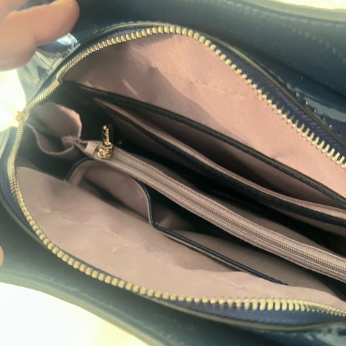 Navy Blue Lustre Handbag like new with gold metal details