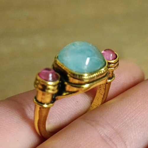 Artisan vintage women's ring steel with pink tourmaline stone size 61/19.4 new