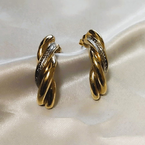Earrings C-shaped with double twisted braid and sparkling zircon, new, gold-colored