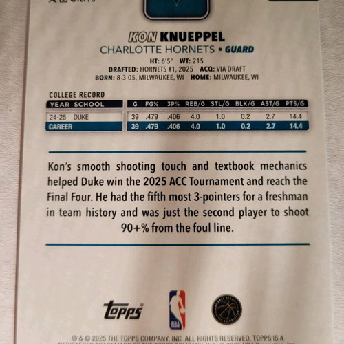 Kon Knueppel 2025-26 Topps Base RC card like new