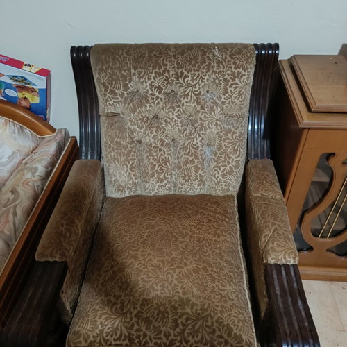 Living room furniture set with vintage green sofa and classic armchairs