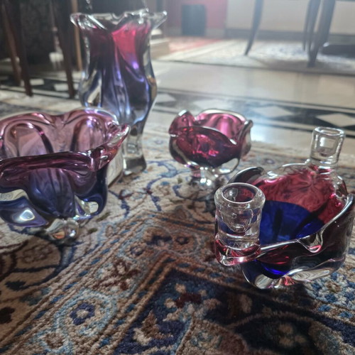 Vintage Art Glass Sommerso set in purple and blue shades like new