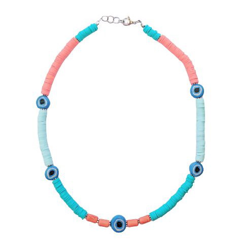 Handmade necklace with semi-precious stone chalcedony, Fimo beads and ceramic eyes