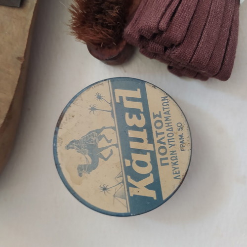 Vintage Shoe Care Set with Wooden Shoe Last, Brush, Camel Polish, Kazazis Laces