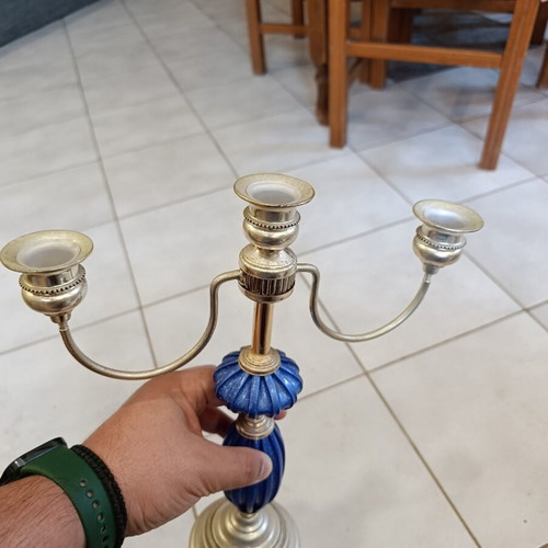 Vintage three-arm candlestick with blue detail