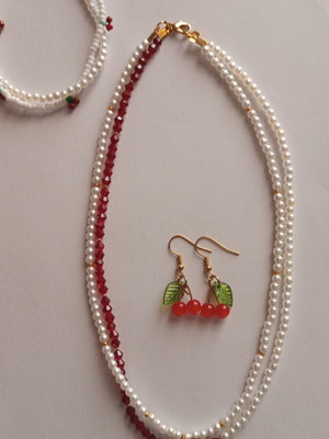 Cherry-themed necklace, bracelet and earrings set, new, gold-colored