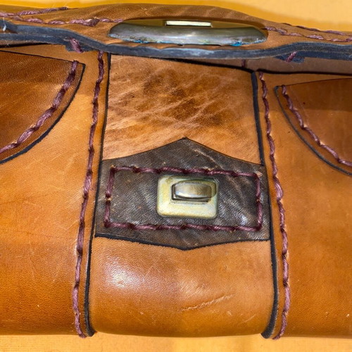 Vintage leather envelope bag for women used, handmade, brown