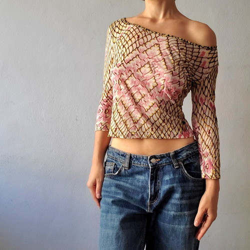 Just Cavalli vintage Y2K reptile print cotton mesh top, pink multicolor