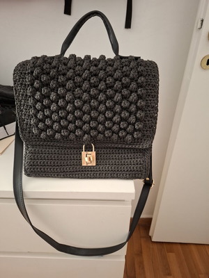 Knitted handmade bag crossbody, like new, dark anthracite with inner pocket