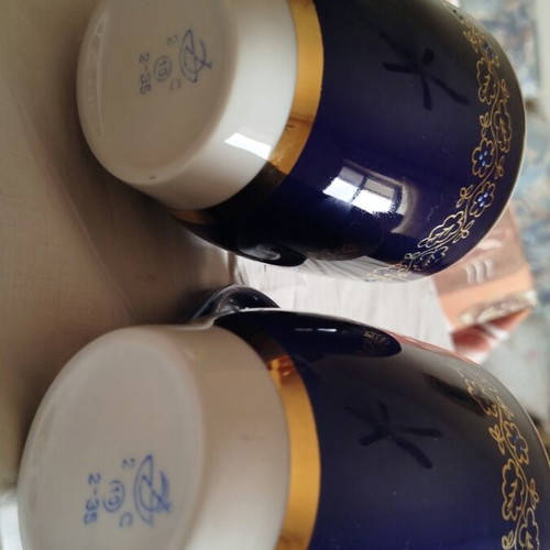 Vintage porcelain mugs with cobalt color and gilded details, Soviet 1940-1960