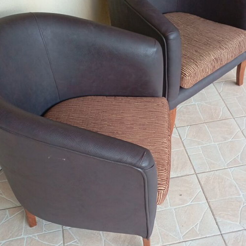 2 Leather Armchairs Brown With Striped Cushions Like New