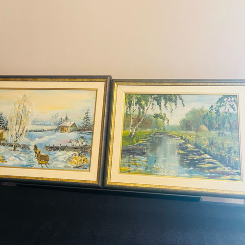 Vintage oil paintings set of 2, like new, winter and spring landscapes