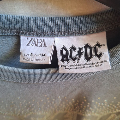 Zara Kids AC DC Rhinestone Long Sleeve Top, charcoal grey, size 9