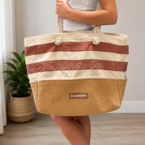 Calzedonia beach shoulder bag, boho summer style, striped beige and brick