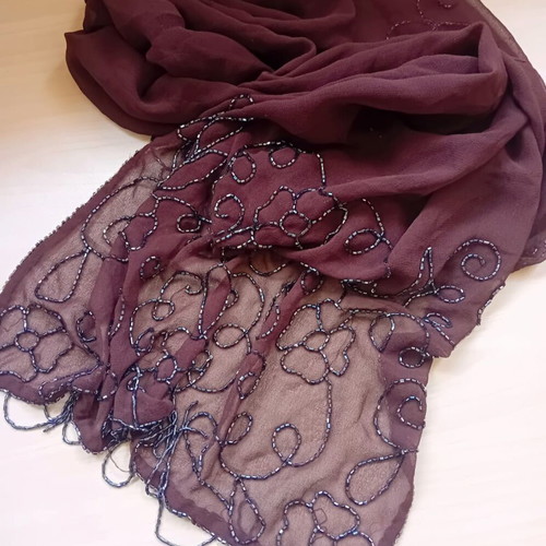 Brown scarf like new with handmade black bead design