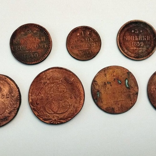 Russian collection of old coins used, 9 pieces (1764-1859)