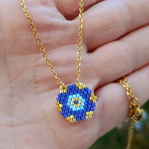 Handmade geometric evil eye necklace with Miyuki beads made to order
