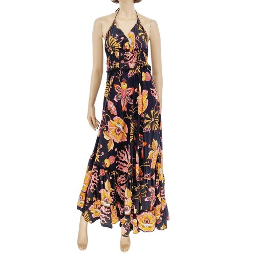 Long dress 100% viscose black with pink flowers new