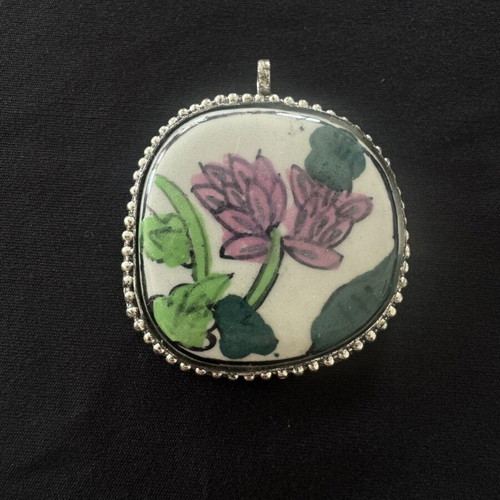 Vintage Chinese Porcelain Shard Pendant with Pink Lotus Motif used