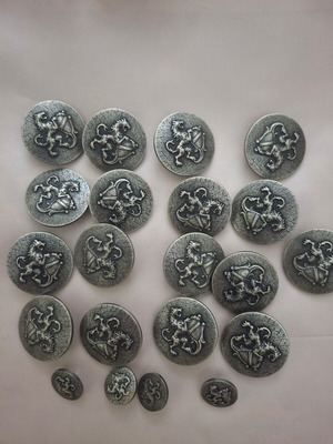 19 silver shield-style clothing buttons with lion design