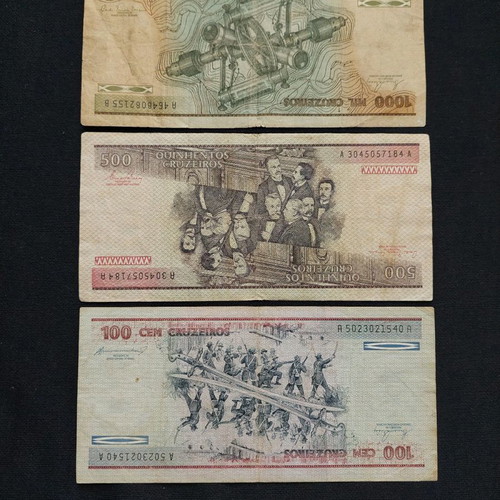 Brasil 1000=500=100 Cruzeiros banknotes used, set of 3