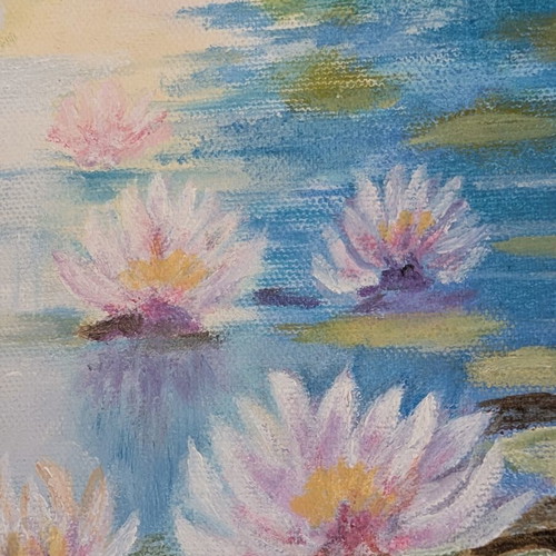 Handmade oil painting water lilies on lake 35x25 cm new