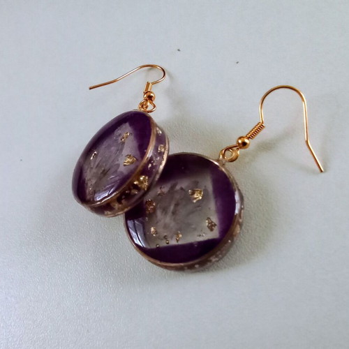 Handmade purple earrings with gold leaf and dried flowers, new