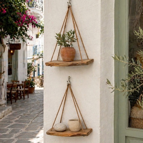 Handmade hanging rope shelves set of 2, new, wooden rustic