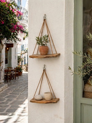 Handmade hanging rope shelves set of 2, new, wooden rustic