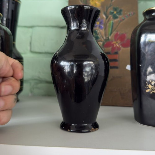 Vintage Dong Tam black small vase with flowers and nightingales, used