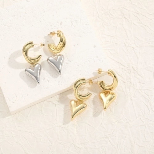 Earrings double hoops with hanging heart stainless steel new, silver