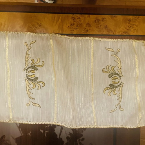Small handmade embroidered table runner with lace, like new