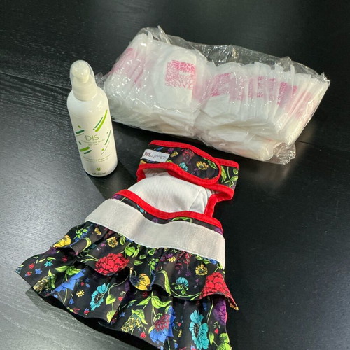 Period set for female dog like new with panties, pads, and spray