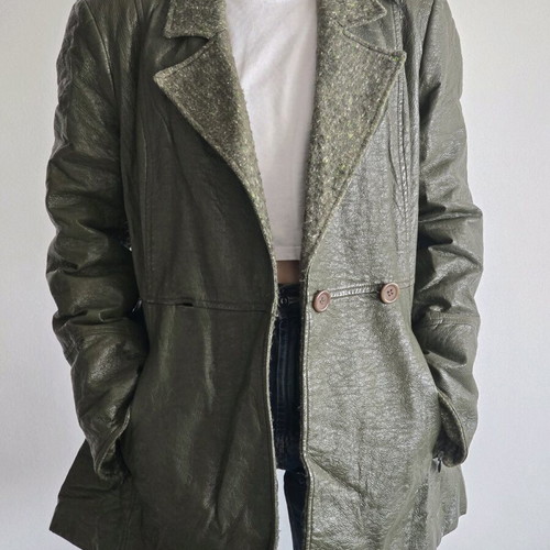 Olive Green Vintage Faux Leather Jacket used, size XL
