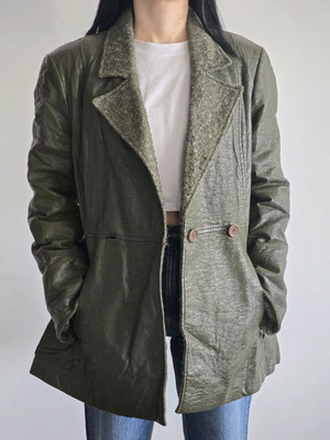 Olive Green Vintage Faux Leather Jacket used, size XL