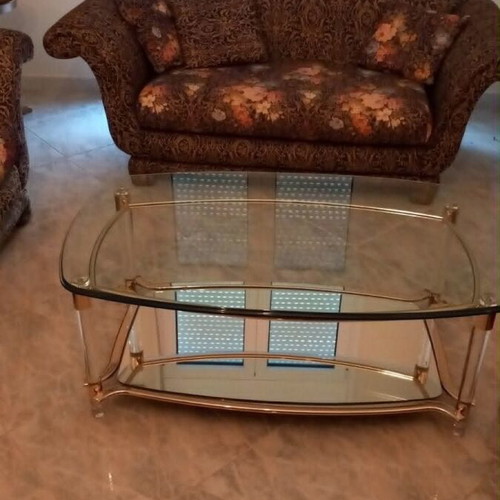 Vintage living room set with 2 sofas, ottoman, and coffee table