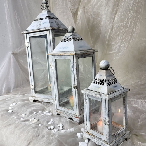 Decorative wooden lanterns set of 3 used, vintage style