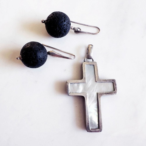 Vintage silver cross and lava stone earrings set with mother of pearl
