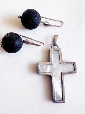 Vintage silver cross and lava stone earrings set with mother of pearl