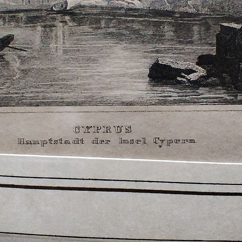 19th Century Cyprus Kyrenia Chalcography engraving used, framed