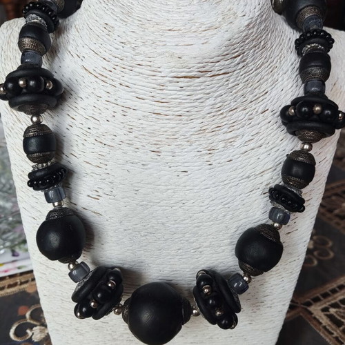 Statement vintage handmade necklace with large black beads, like new