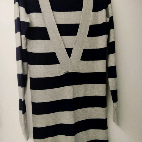 Striped blue gray blouse dress with large V neck like new
