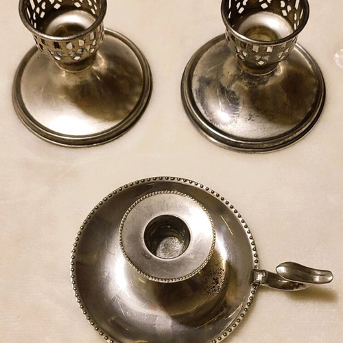 Vintage candlesticks used, set of three, including silver-plated blaker