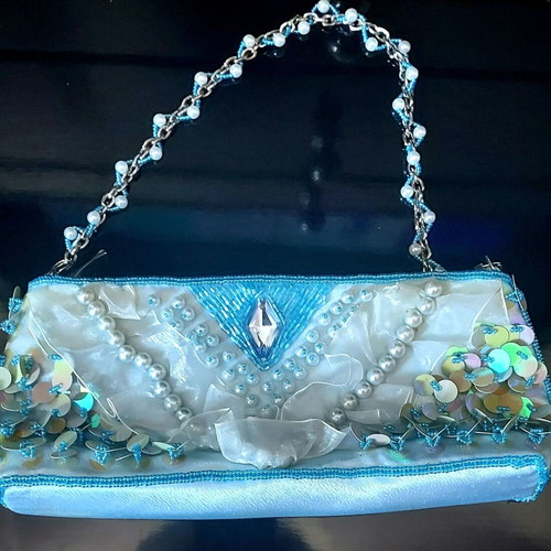 Evening shoulder bag satin blue turquoise like new