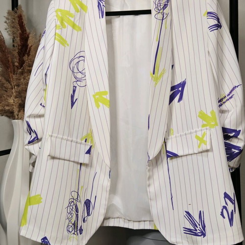 White blazer with designs used, relaxed fit, sizes M-L