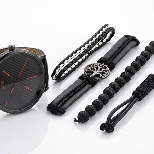 SOKI Men's Watch and 4 Handmade Leather Bracelets Set new