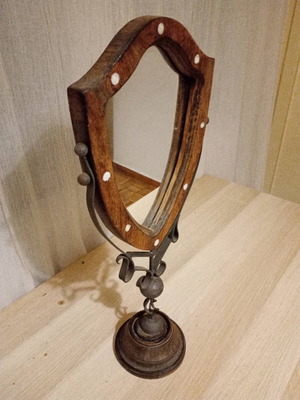 Wooden tabletop mirror used with brass base and mother-of-pearl details
