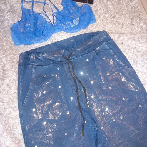 Assos high-waisted jeans with gold shine and rhinestones, like new, with hkm bralette C70