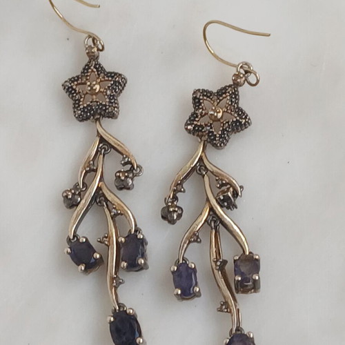 925 Silver and 9k Gold Earrings with Tanzanite and Old-Cut Diamonds, 7 cm