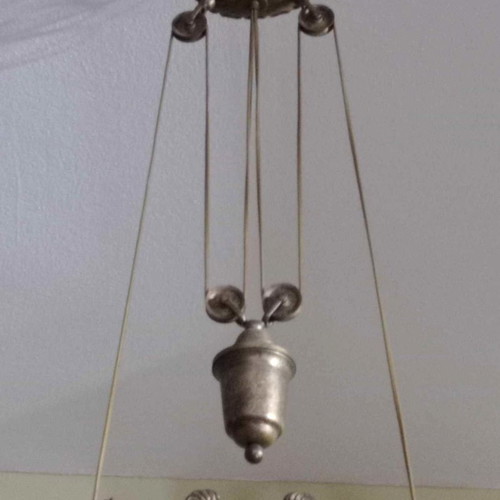 Solid brass two-light ceiling lamp with counterweight and handmade glass